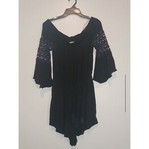 Witchy Whimisigoth Black Dark Academia Lace Crochet Off Shoulder Shorts Romper M
